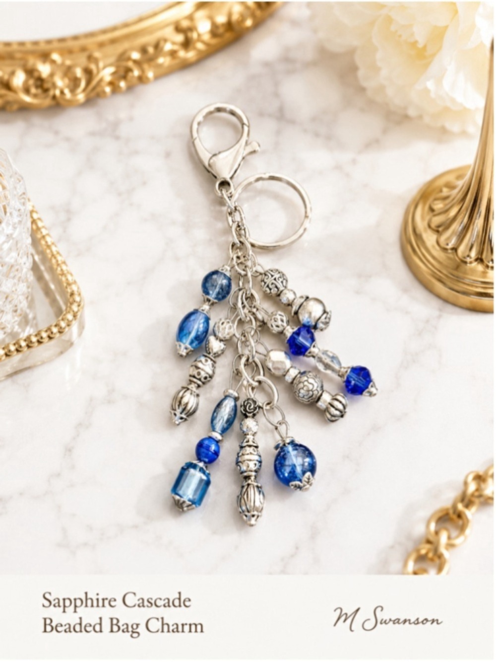 NEW Sapphire Cascade Crystal Beaded Bag Charm Keychain Handmade Unique NWT (#10)